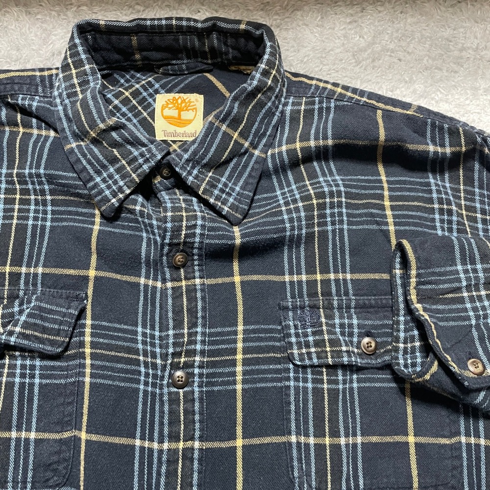 Timberland Mens Plaid Flannel Button Down Shirt Navy Blue Long Sleeve 0459